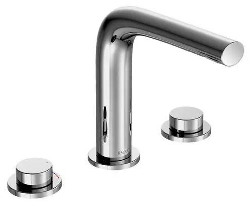 Moderne chromierte Armatur mit einem hohen Auslauf und zwei runden Bedienknöpfen für Temperatur- und Durchflussregelung.